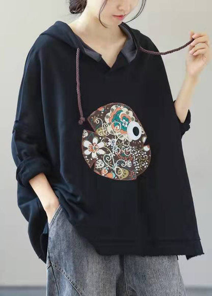 Navy Hooded Drawstring Embroideried Fall Side Open Sweatshirts Top