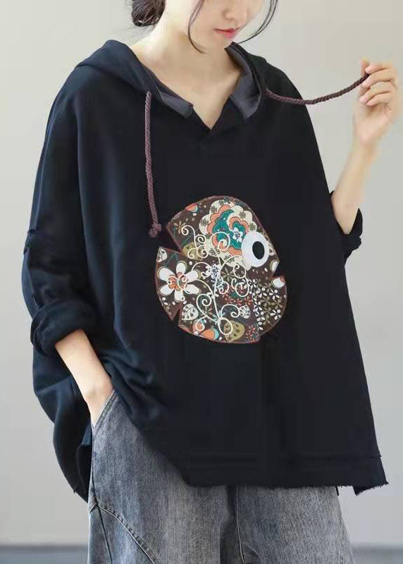 Navy Hooded Drawstring Embroideried Fall Side Open Sweatshirts Top