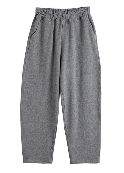 Grey Elastic Waist Cotton Straight Pants Spring