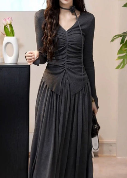 Modern Grey V Neck Wrinkled Top and a Line Skirts Two Pieces Set Winter