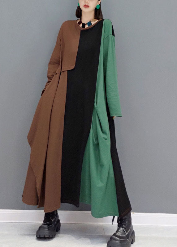 Diy Green O-neck Pockets Asymmetrical Patchwork Long Dresses Spring