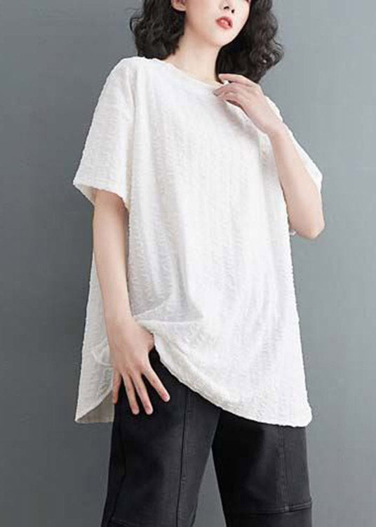 White O-neck Side Open Cotton Top Short Sleeve