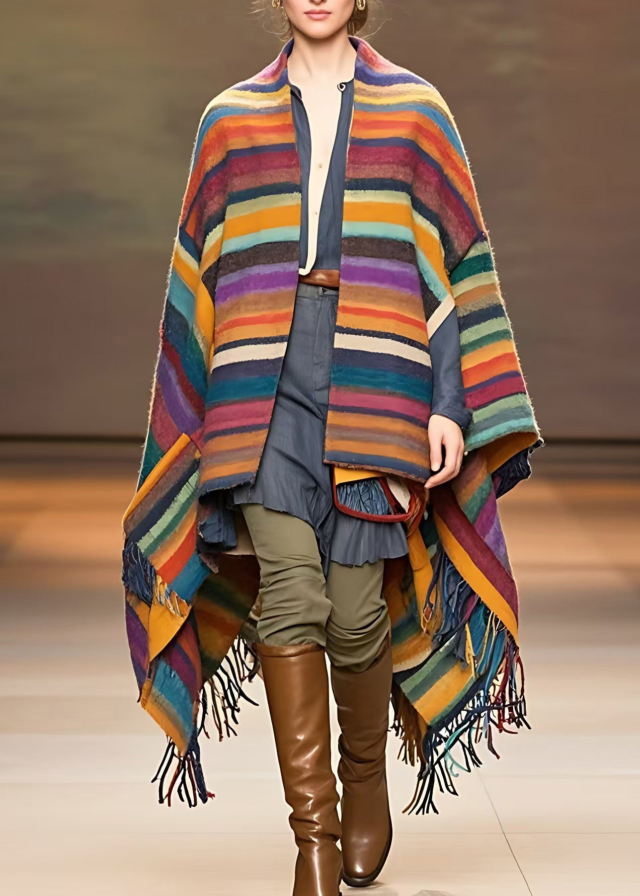 Rainbow V Neck Tassel Low High Design Woolen Coats Fall