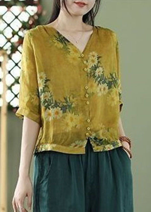 Yellow V Neck Print Linen Shirt Tops Half Sleeve