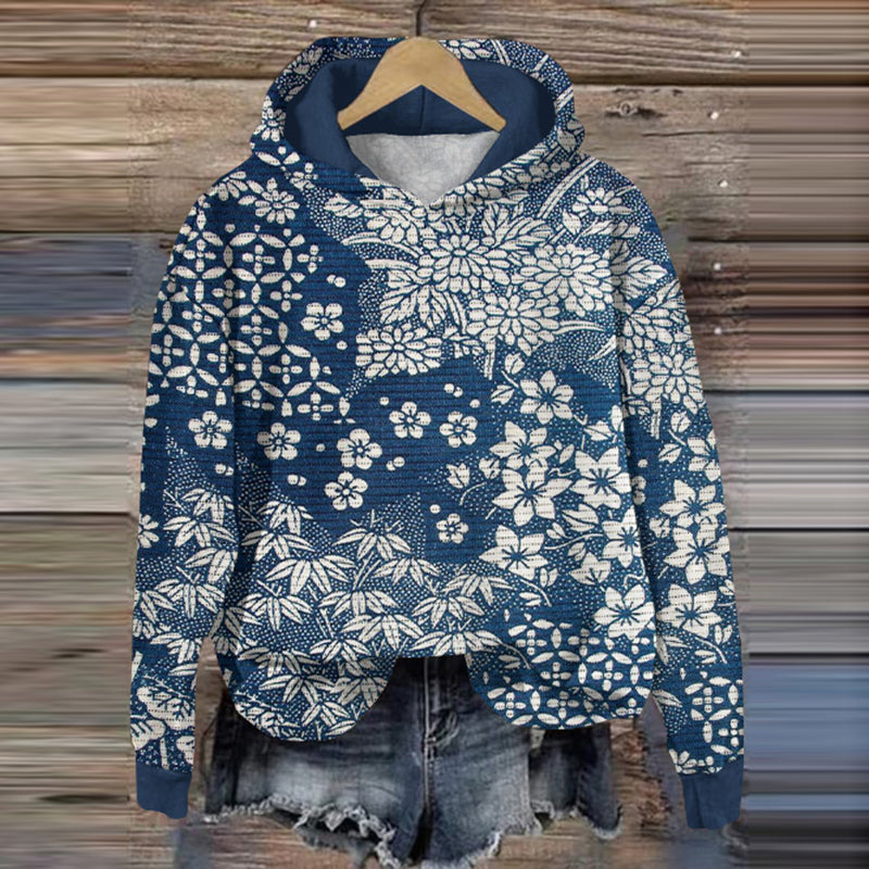 Comstylish Vintage Japanese Art Flower Print Casual Hoodie