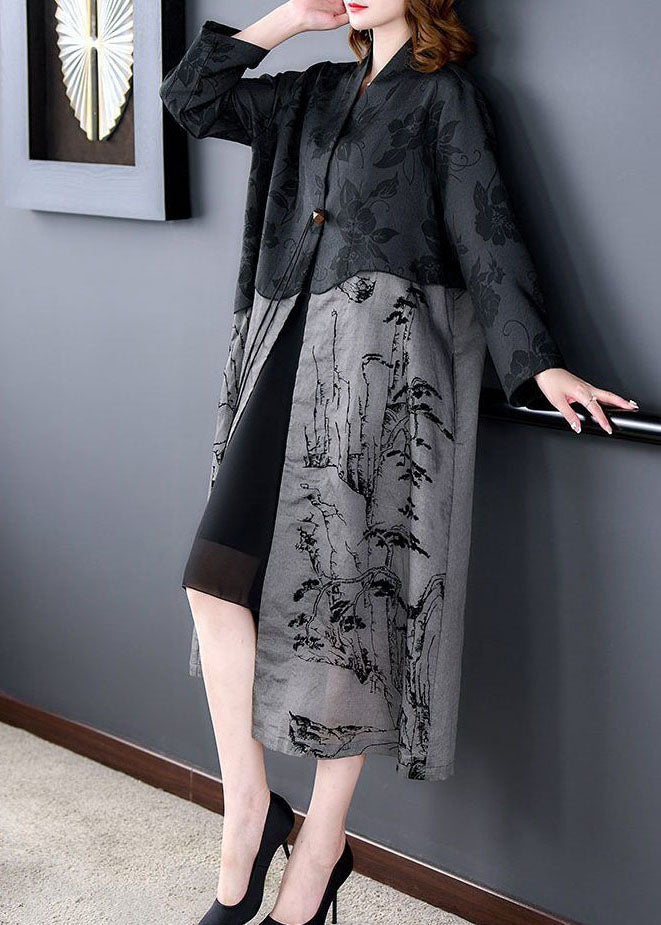 Black Tasseled Patchwork Print Silk Trench Coat Spring