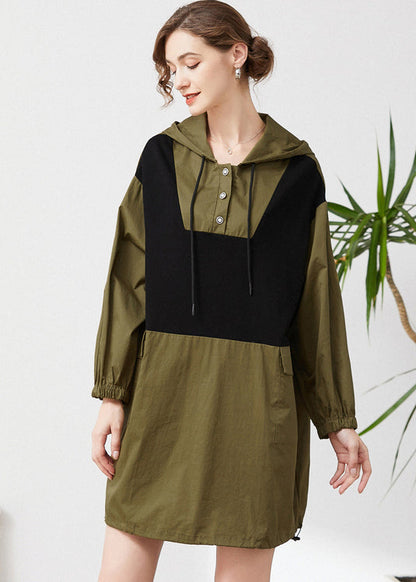 Army Green Hooded Oversized Patchwork Cotton Sweatshirt Spring