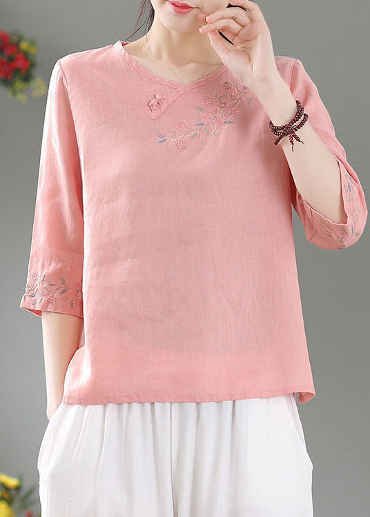 Modern Pink O-neck Side Open Linen Top Three Quarter Sleeve