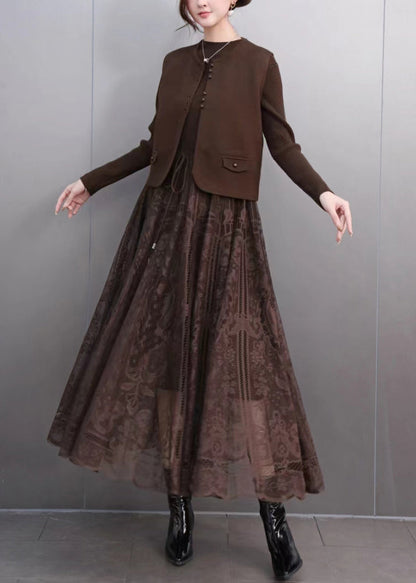 Coffee O-neck Waistcoat and Lace Maxi Skirts Two Pieces Set Spring
