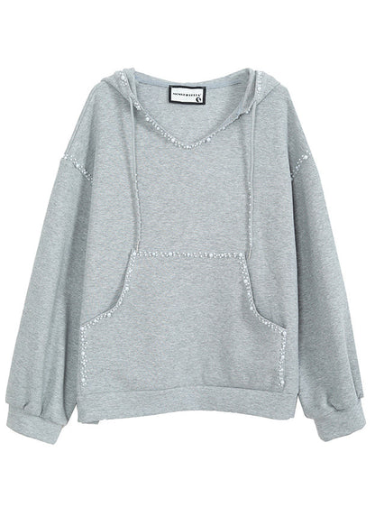 Simple Grey Hooded Nail Bead Cotton Sweatshirts Tracksuits Fall