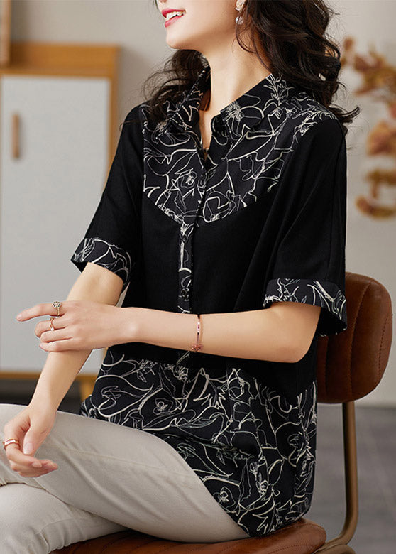 Black Peter Pan Collar Print Patchwork Button Cotton Shirt Short Sleeve