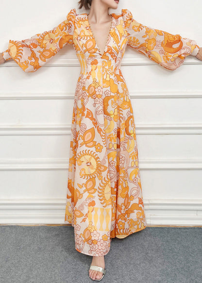 Yellow V Neck Print Nail Bead Vacation Dresses Fall