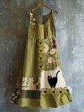 Comstylish Women's Japanese Art Embroidery Floral Cat Print Dress