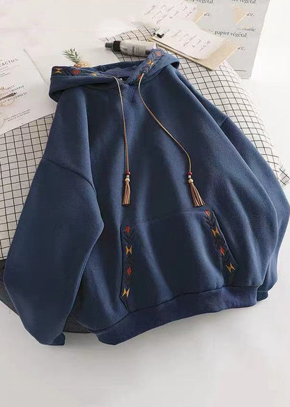 Diy Navy Hooded Embroideried Cotton Sweatshirts Top Spring