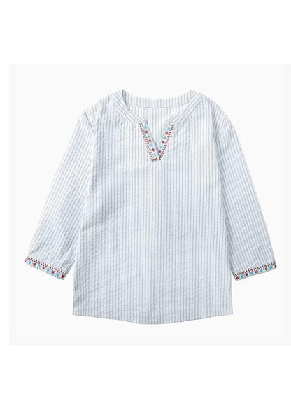 New Blue Embroidered Striped Cotton Blouses Bracelet Sleeve Fall