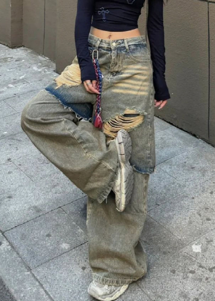 Blue High Waist Fake Two Pieces Hole Denim Pants Fall