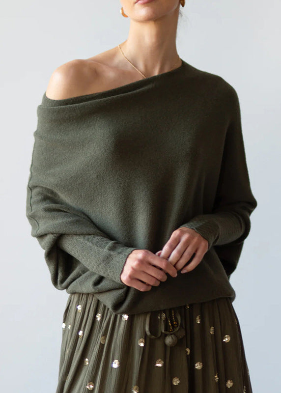 Grey O Neck Knit Pullover Batwing Sleeve