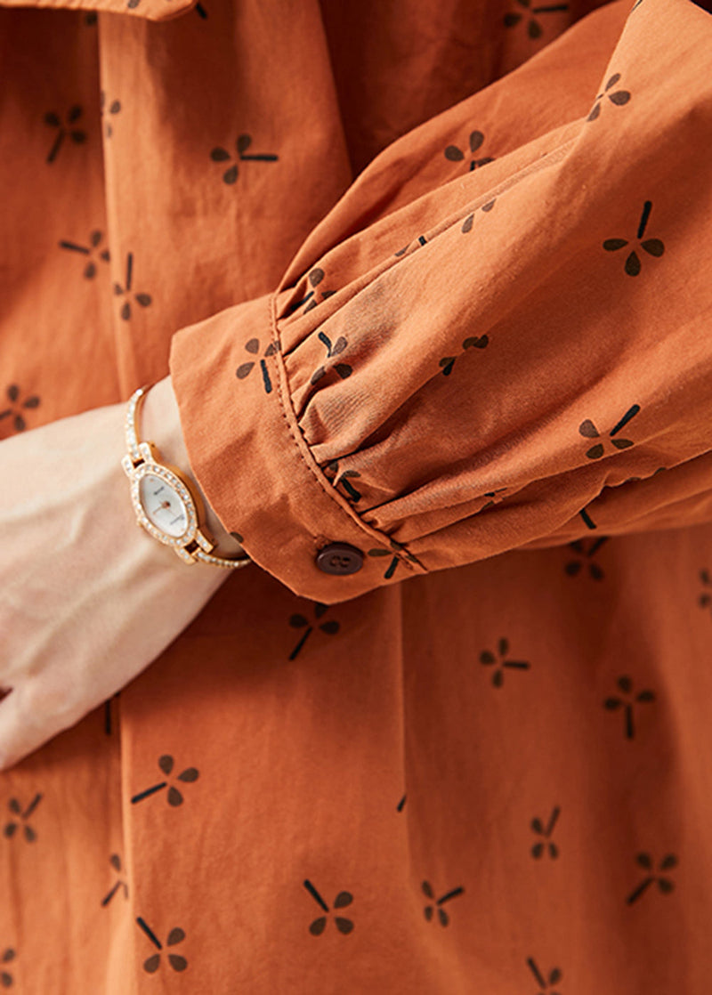 Orange Oversized Print Cotton Tops Fall