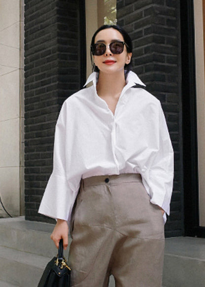 White Peter Pan Collar Button Cotton Shirts Batwing Sleeve