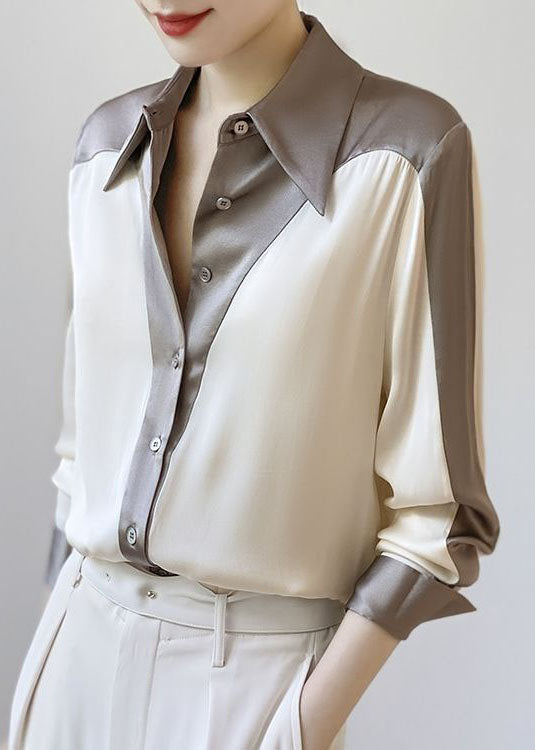 Diy Colorblock Peter Pan Collar Patchwork Silk Shirt Spring