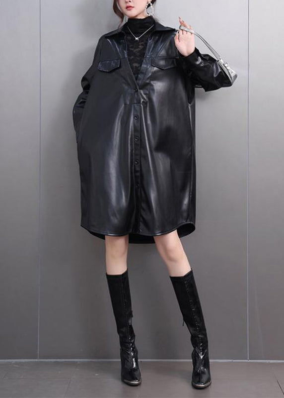 Original Black Peter Pan Collar Pockets Pu Trench Coats Fall