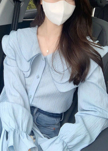 Light Blue Peter Pan Collar Wrinkled Chiffon Blouse Top Long Sleeve
