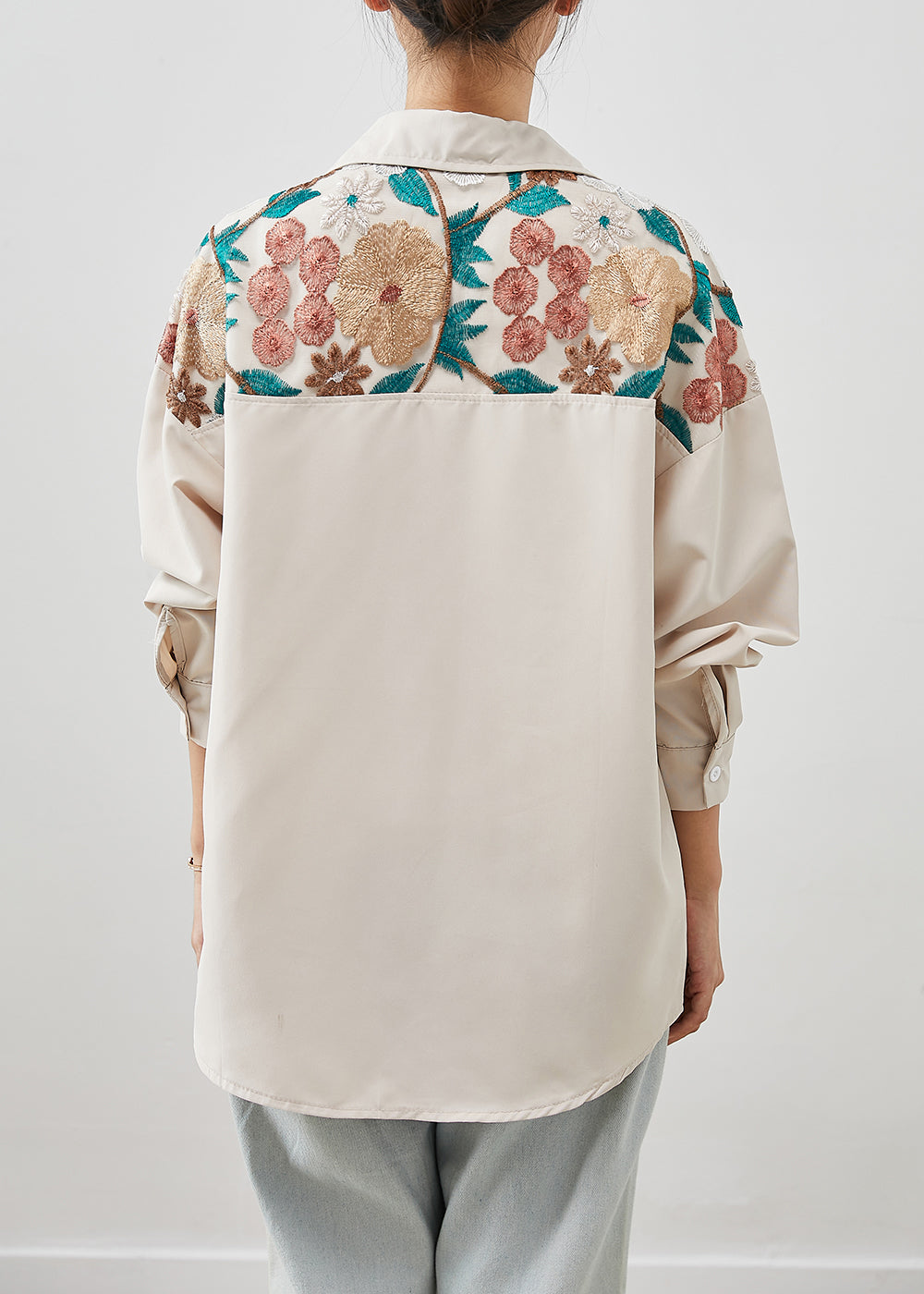 Beige Patchwork Cotton Shirts Embroideried Fall