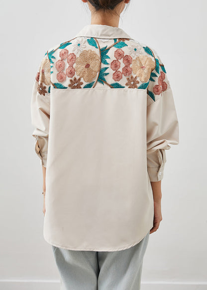 Beige Patchwork Cotton Shirts Embroideried Fall