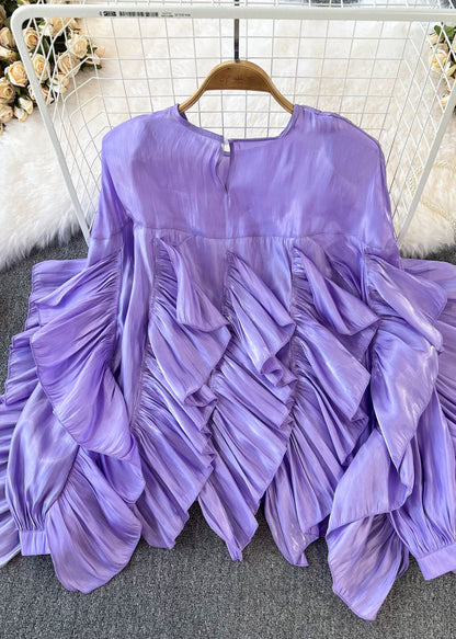 Purple O-neck Asymmetrical Button Silk Top Long Sleeve