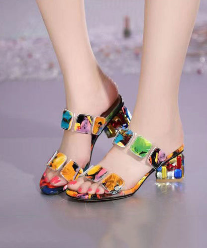 Multi Color Splicing Chunky Heel Peep Toe Slide Sandals