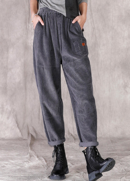 Grey Pockets Patchwork Elastic Waist Corduroy Pants Fall