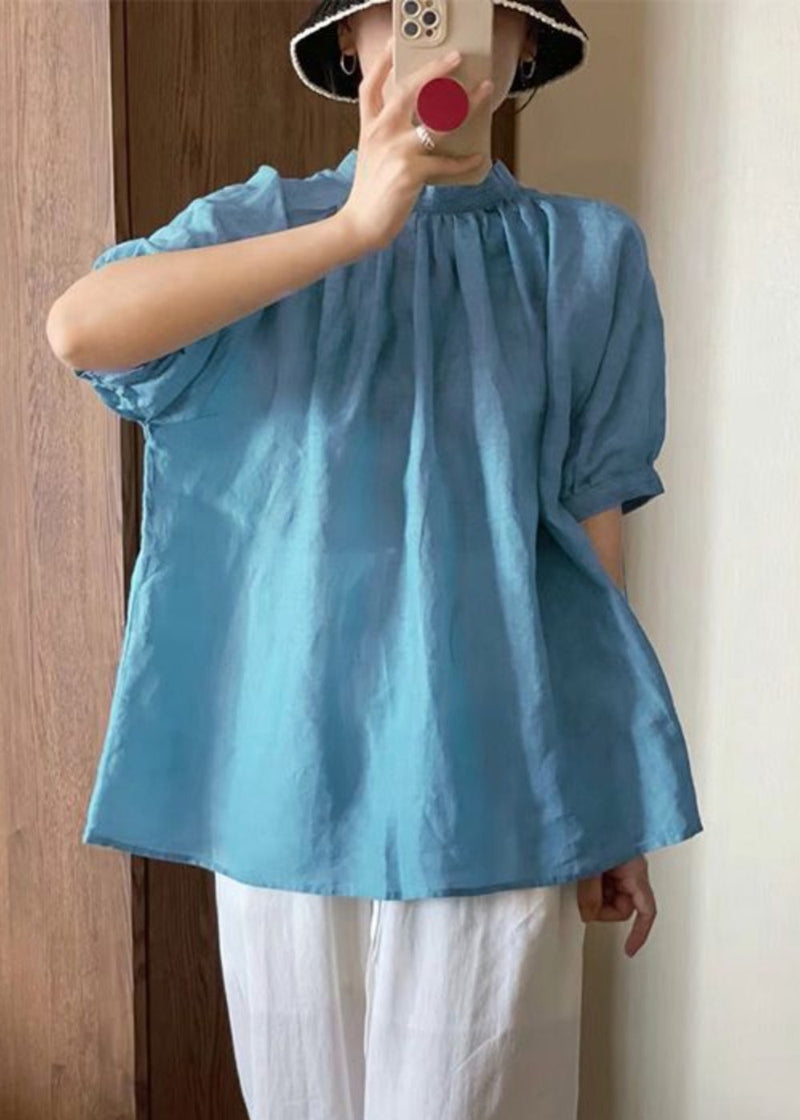 Japanese Style Blue O-neck Puff Sleeve Cotton T Shirt