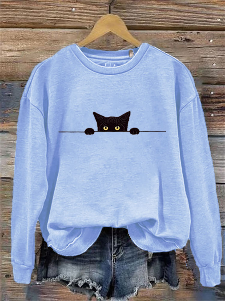 Comstylish Women's Casual Funny Black Cat Print Sweatshirt