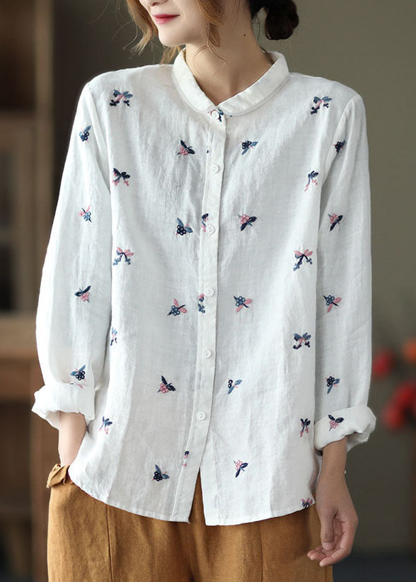 White Peter Pan Collar Embroideried Patchwork Linen Top Spring
