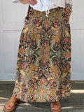 Women's Retro Ethnic Totem Flower Art Print Linen Pocket Skirt