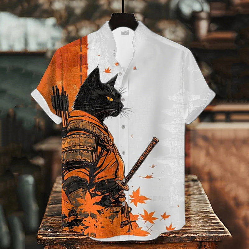 Men's Black Cat Warrior And Maple Leaf Temple Print Casual Shirt elevenforest