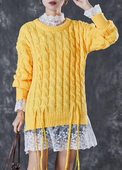 Yellow Nail Bead Side Open Knit Sweaters Winter