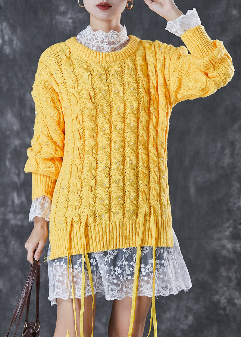 Yellow Nail Bead Side Open Knit Sweaters Winter
