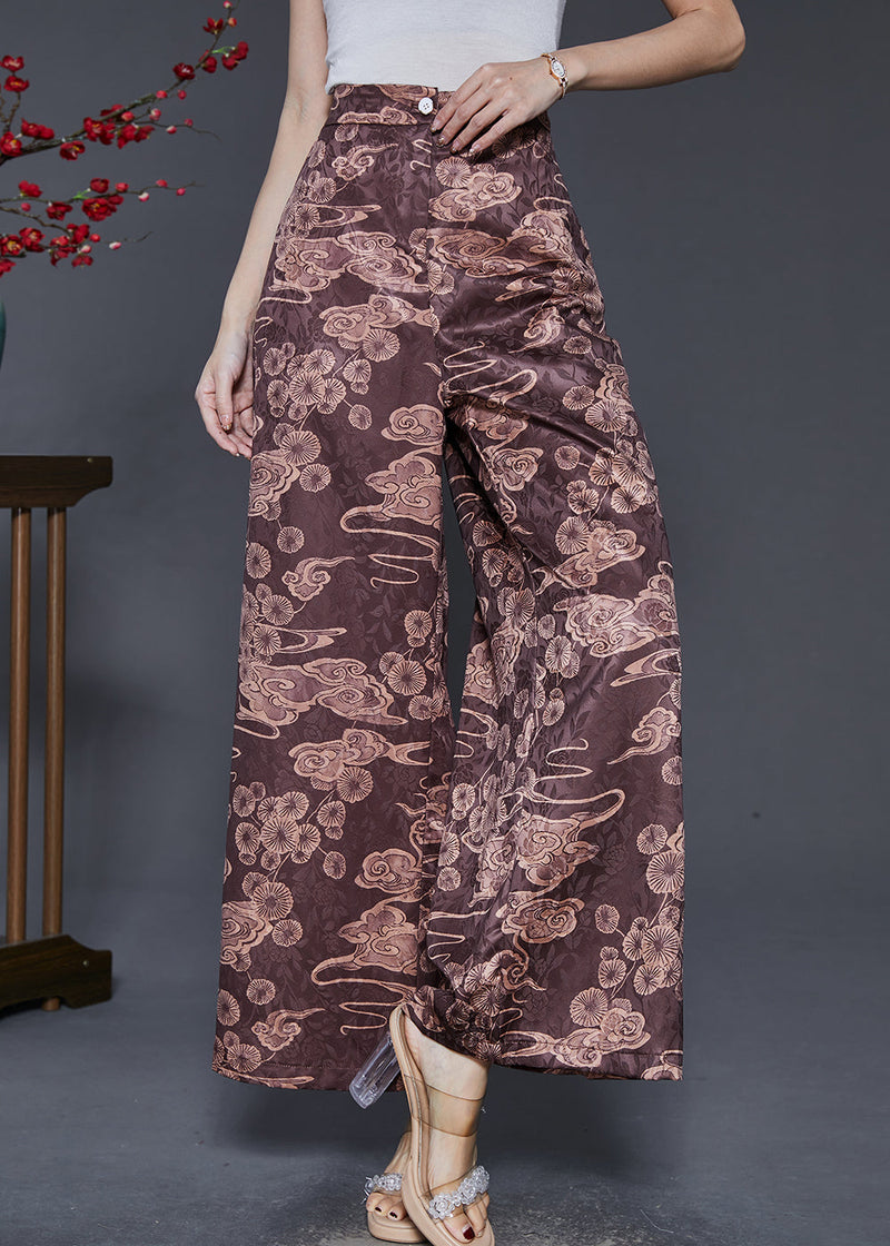 Brown Elastic Waist Print Silk Wide Leg Pants Spring
