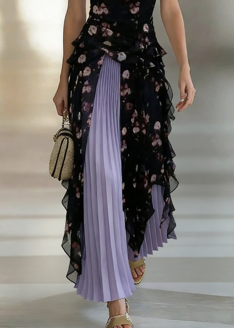 Stylish Black Asymmetrical Chiffon Spaghetti Strap Dress and Purple Pleated Skirt Two Pieces Set Sleeveless