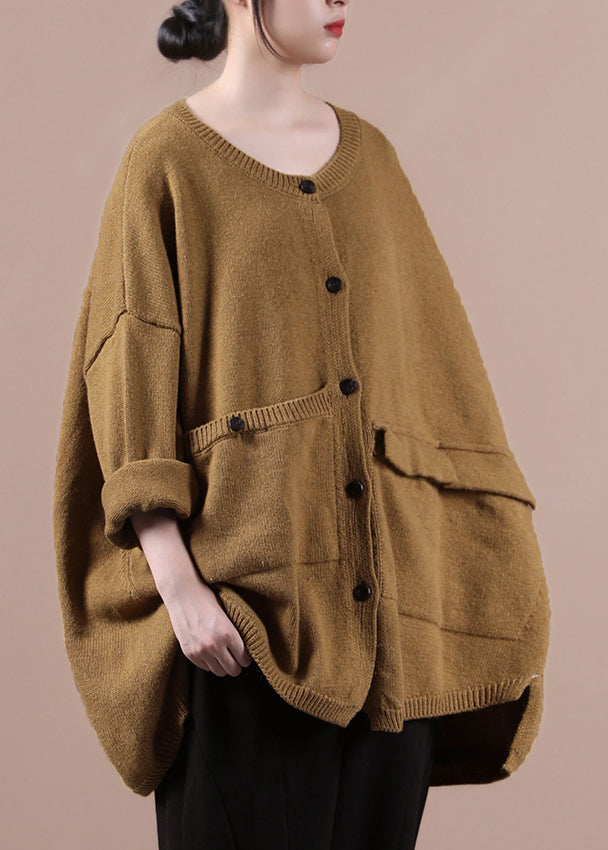 Modern Yellow O-neck Asymmetrical Button Thick Cotton Knit Sweaters Fall