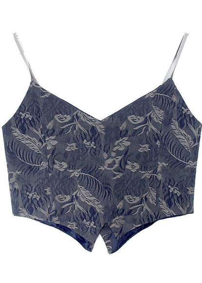 Blue Jacquard V Neck Button Spaghetti Strap Cotton Summer Tank