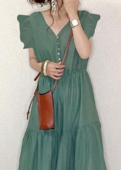 Green V Neck Patchwork Wrinkled Cotton Dresses Summer