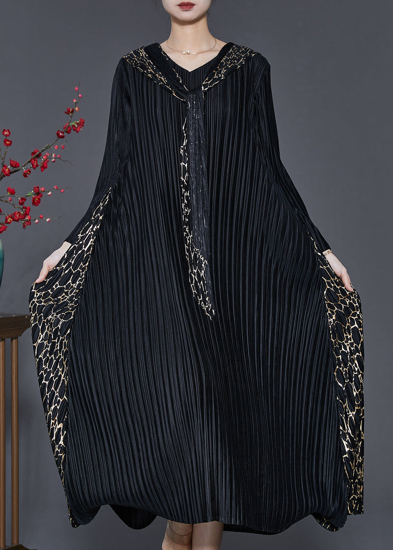 Black Hooded Patchwork Wrinkled Maxi Dresses Spring