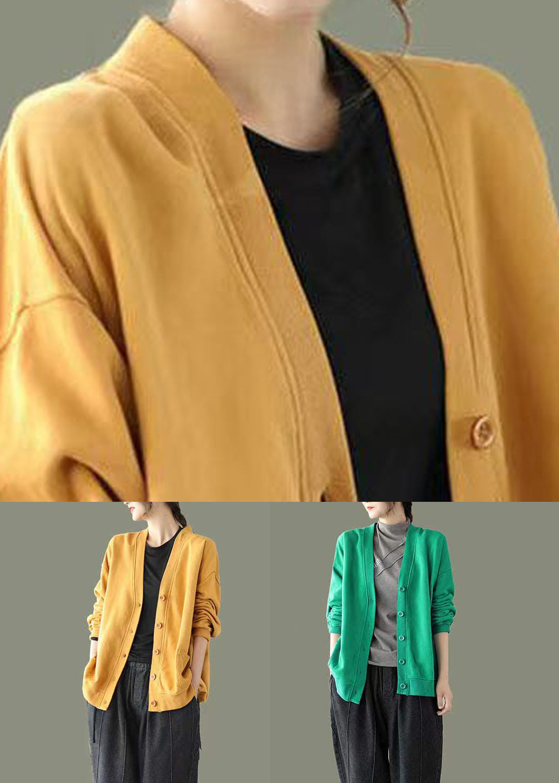 Yellow V Neck Button Patchwork Warm Fleece Sweatshirt Coat Fall