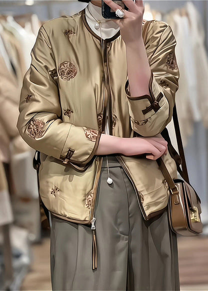 Coffee Embroideried Fine Cotton Filled Winter Coats