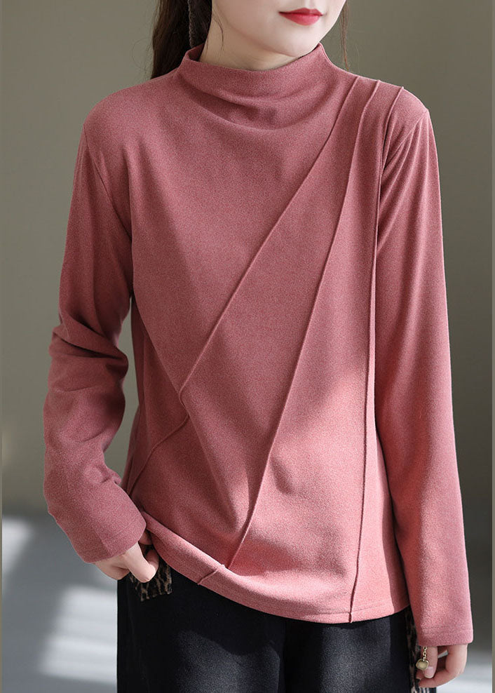 Organic Pink Stand Collar Wrinkled Tops Long Sleeve