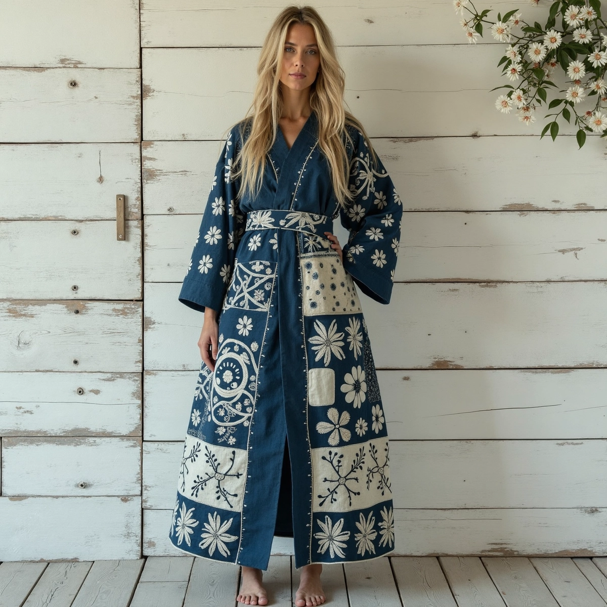 Women's Japanese Traditional Sashiko Art  Linen V-neck Robe artswardrobe