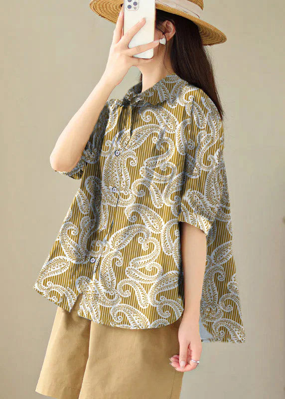 Yellow Stripes Peter Pan Collar Print Cotton Shirt Tops Summer