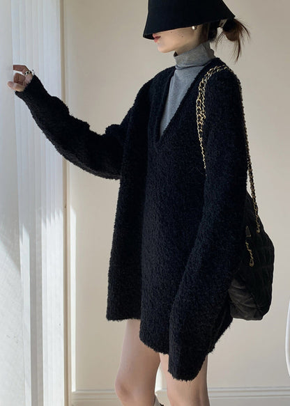 Simple Black V Neck Knit Sets 2 Pieces Winte